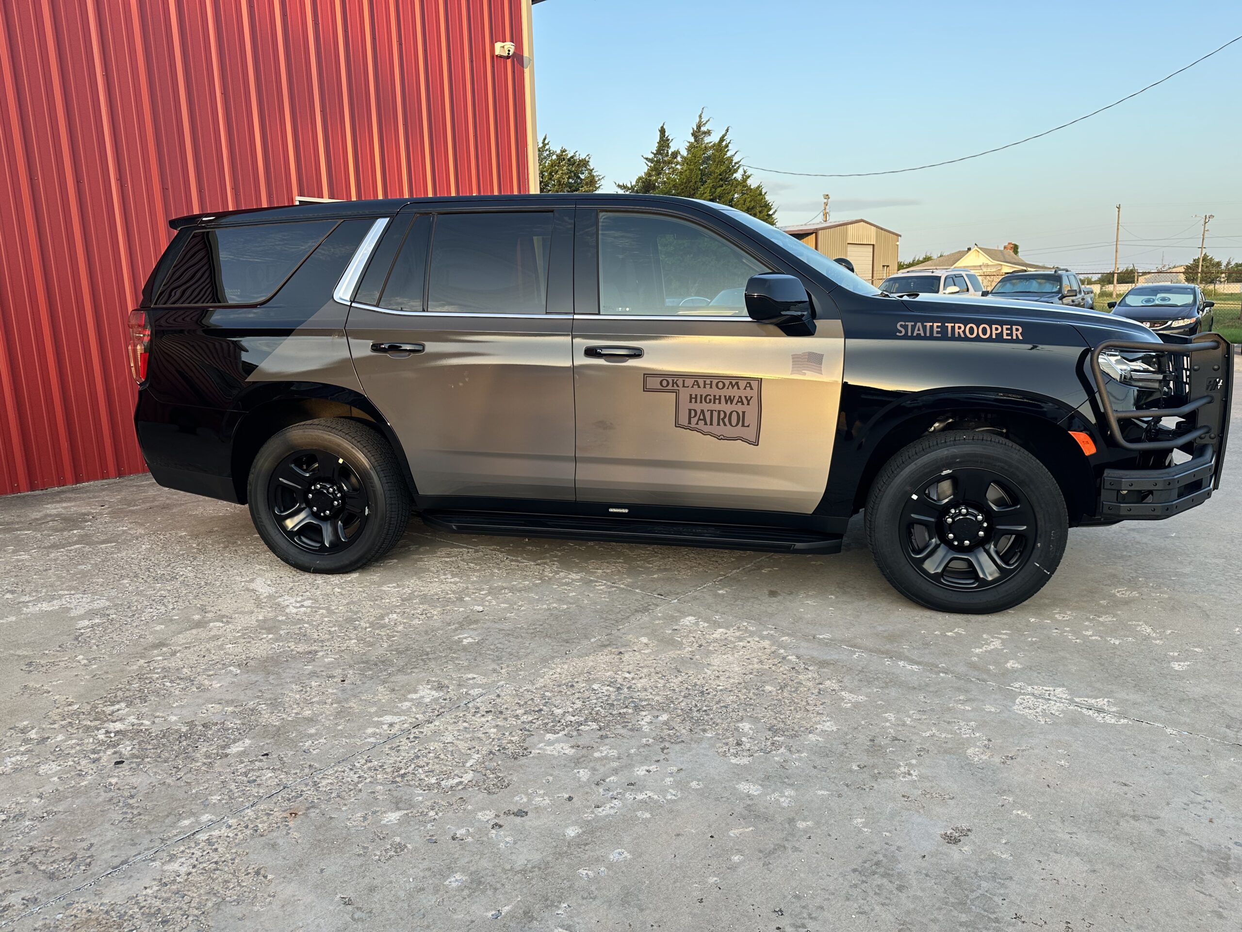Oklahoma Highway Patrol Tahoe with reflective graphics completed by Metro Emergency Upfitters
